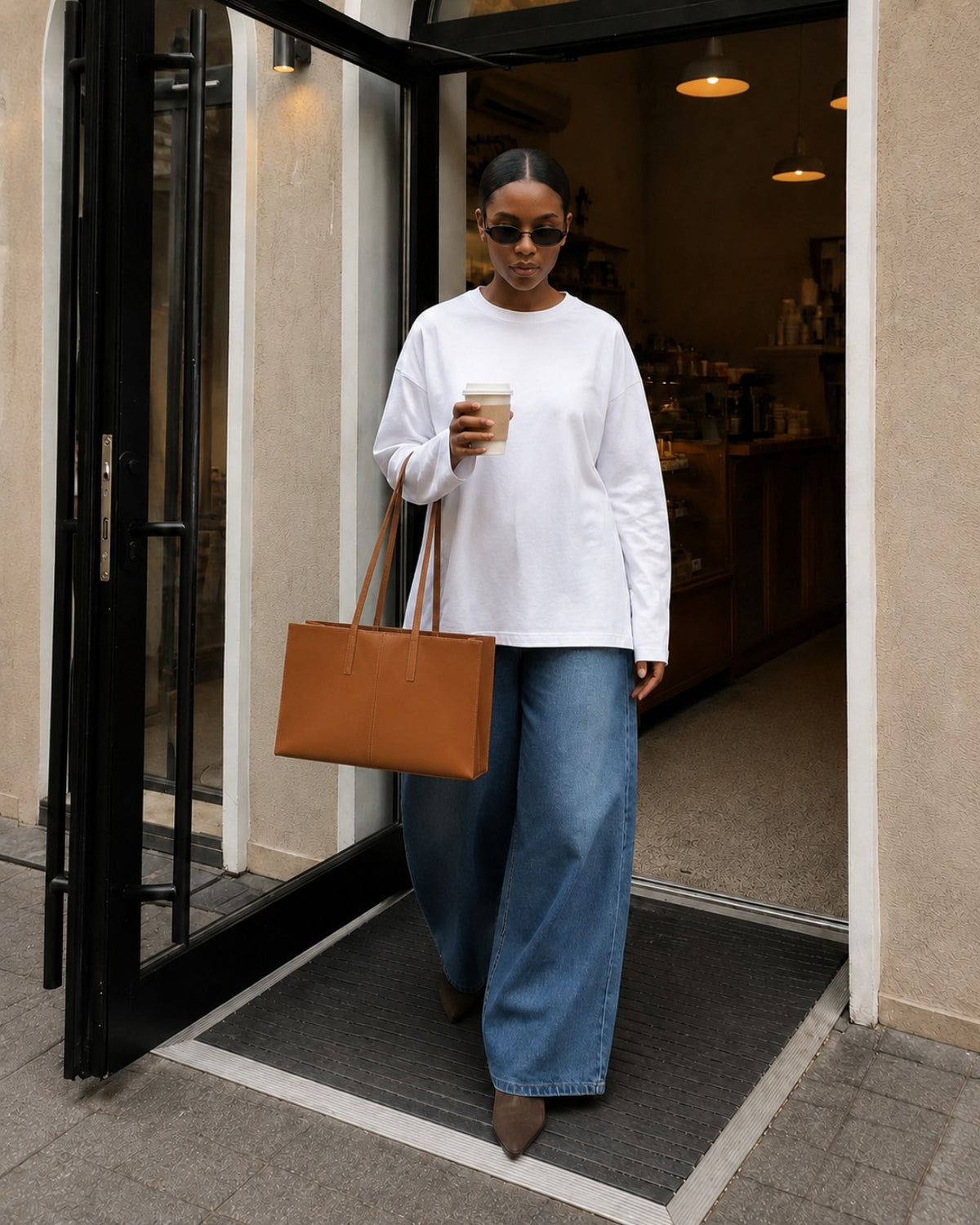 T-shirt Inaya blanc porté devant un café