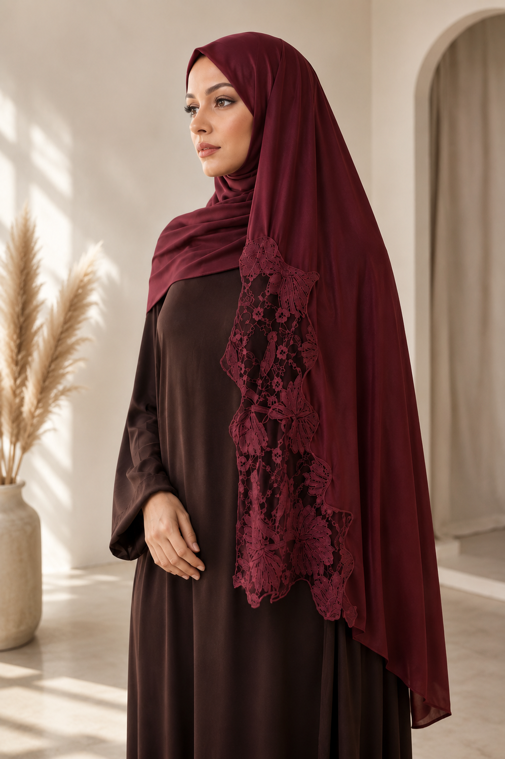 Hijab femme Amaya bordeaux dentelle florale porté NOSSIA