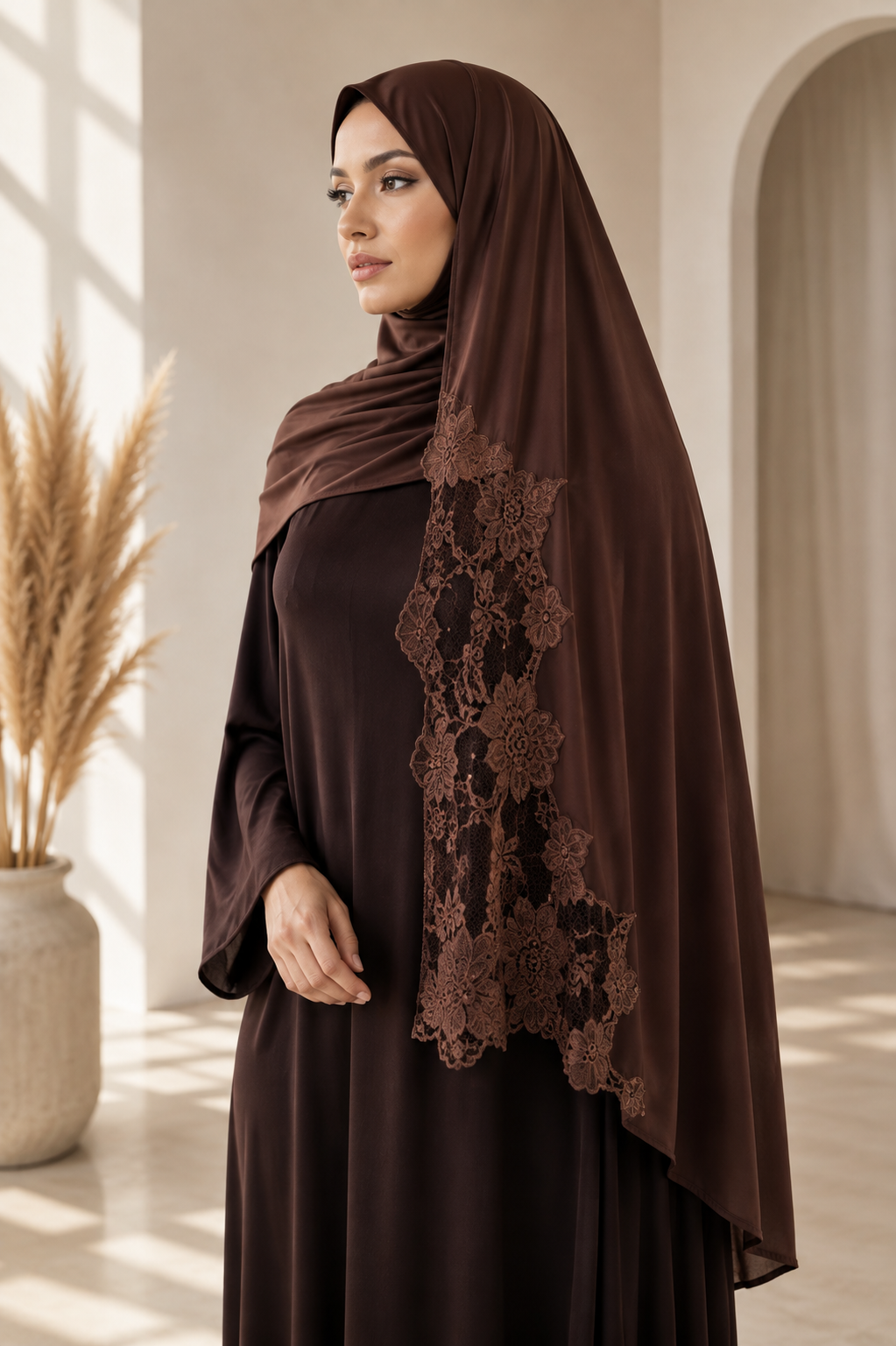 Hijab femme Amaya marron dentelle florale porté NOSSIA