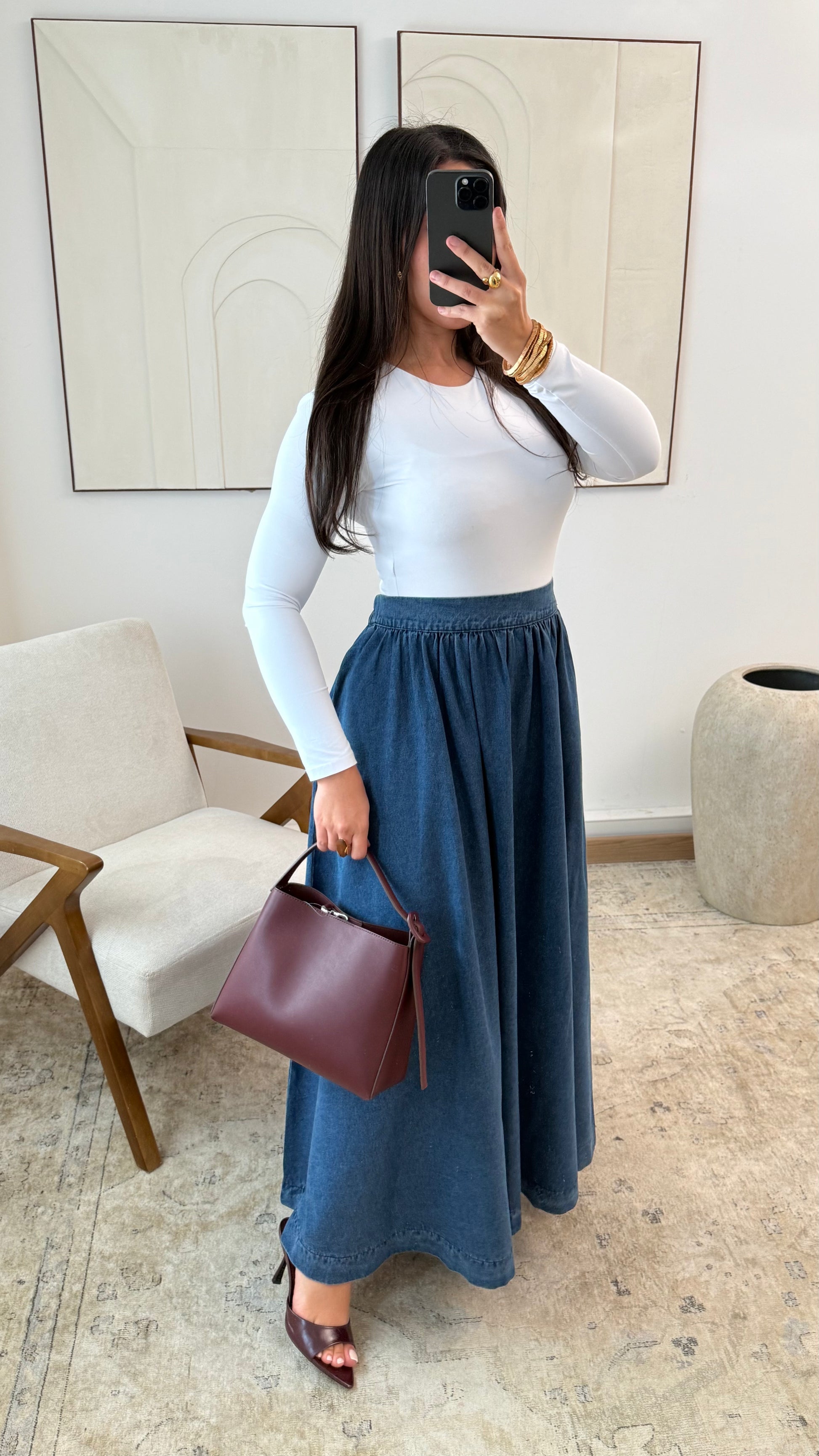 Jupe longue évasée en jean femme Nahla 100 % coton portée NOSSIA