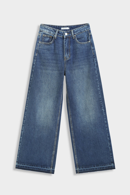 Jean wide leg femme taille haute Naïa denim bleu NOSSIA vue de face
