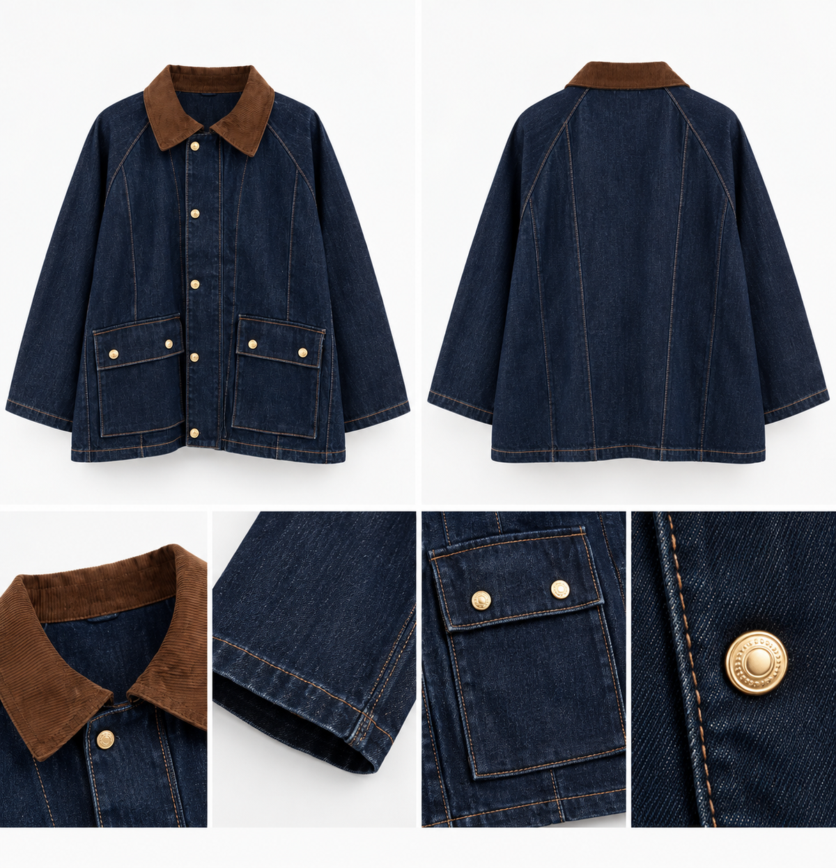 Veste Naya denim brut col chocolat - vues face dos et détails NOSSIA