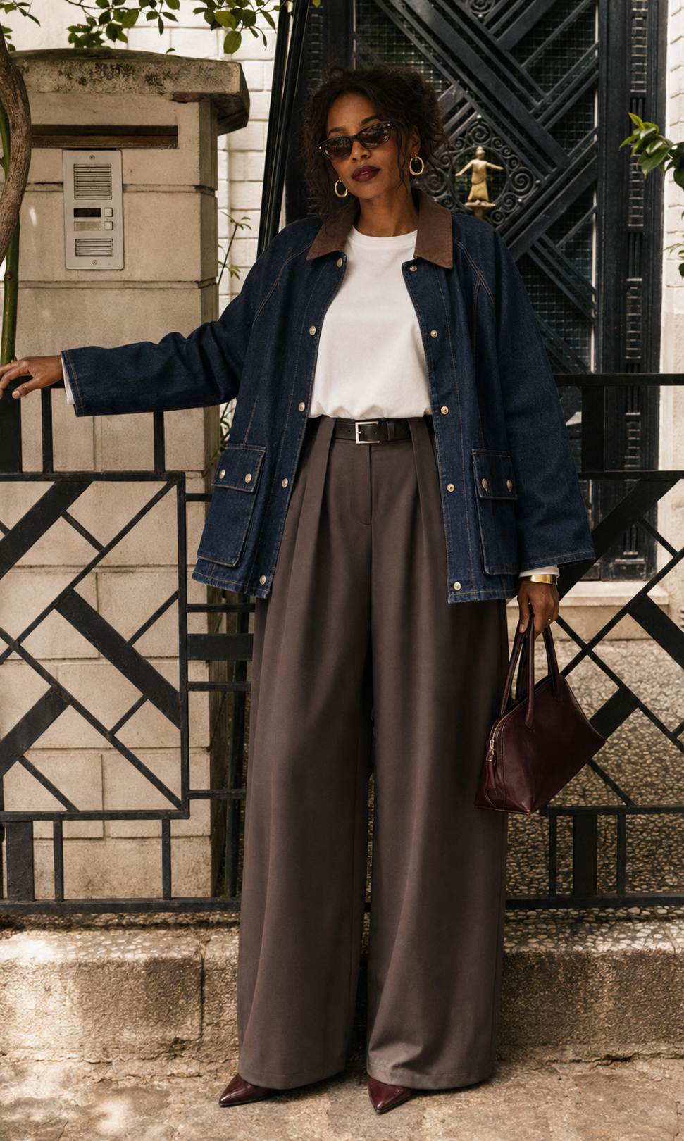 Veste Naya denim brut col chocolat portée en look lifestyle NOSSIA