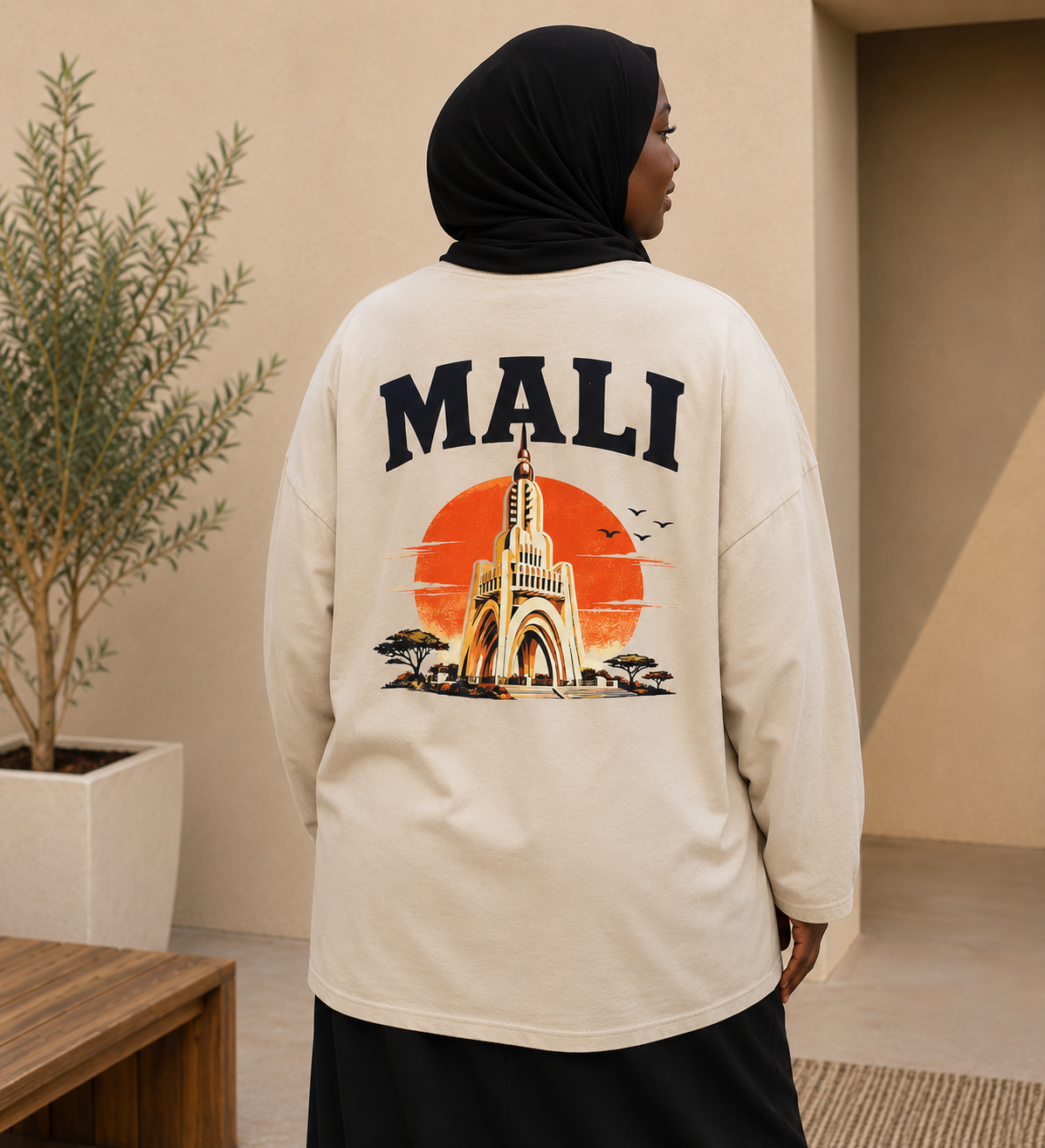 T-shirt manches longues oversize Mali beige 100 % coton NOSSIA grand motif dos