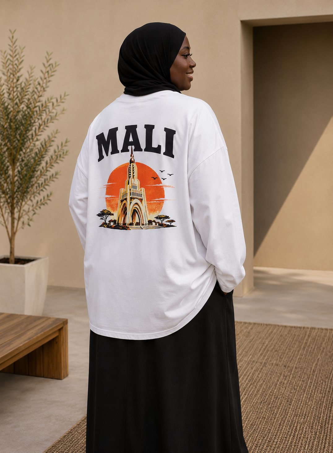 T-shirt manches longues oversize Mali blanc 100 % coton NOSSIA grand motif dos