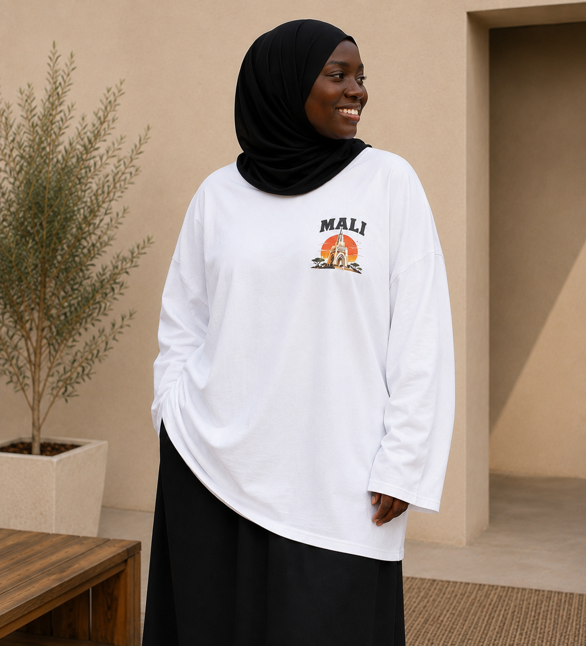 T-shirt manches longues oversize Mali blanc 100 % coton NOSSIA vue de face