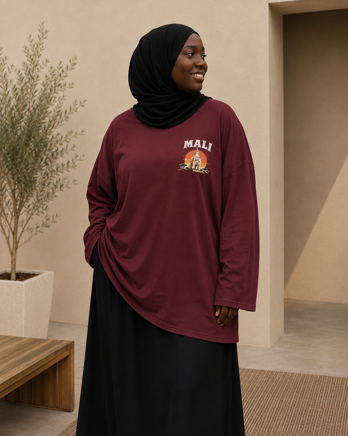 T-shirt manches longues oversize Mali bordeaux 100 % coton NOSSIA vue de face