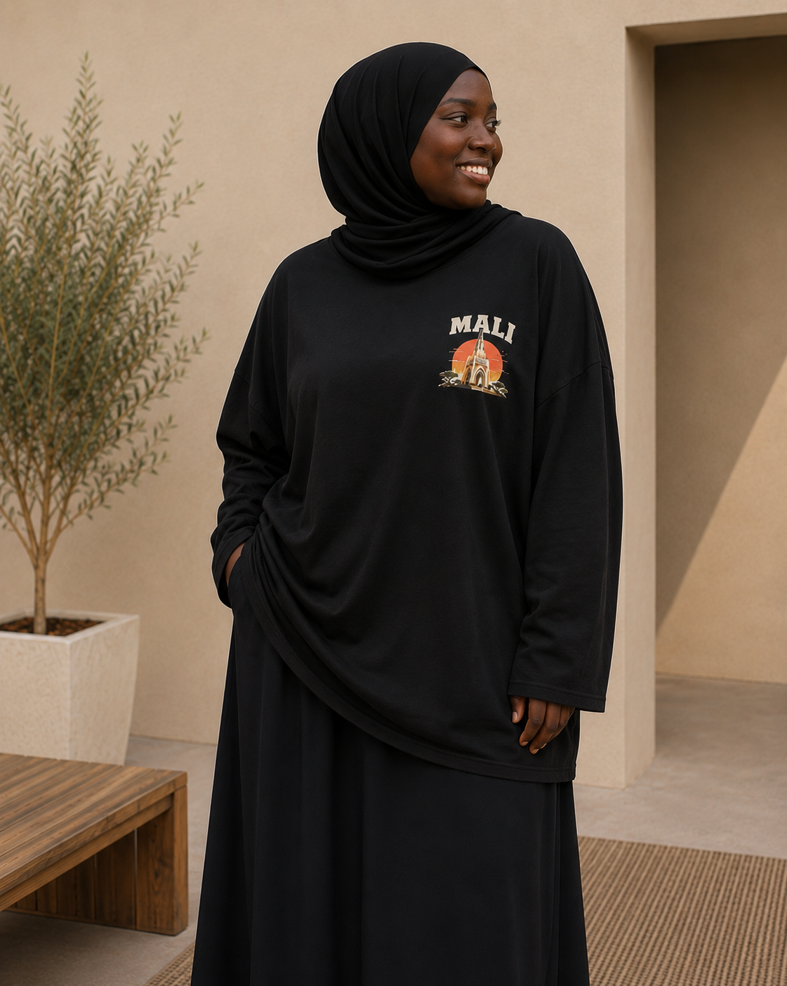 T-shirt manches longues oversize Mali noir 100 % coton NOSSIA vue de face